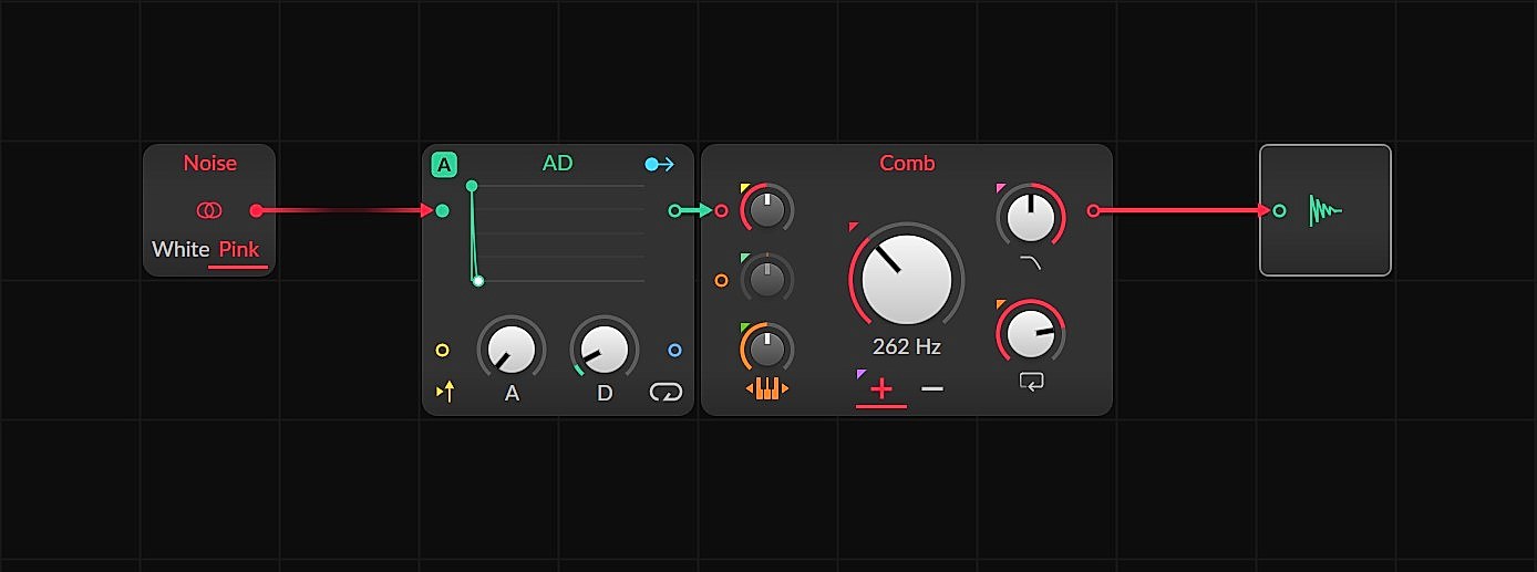 Karplus-Strong physical modeling patch in the Bitwig Grid