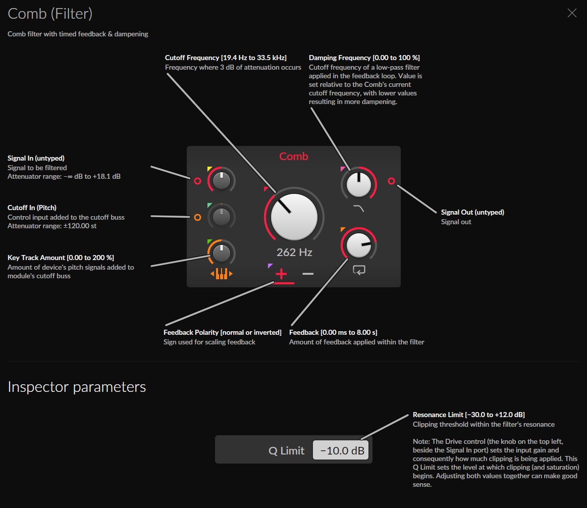 Comb filter module in the Bitwig Grid